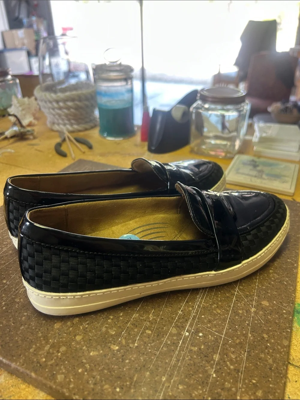 Natural Soul Black Woven Penny Loafers with White Sole